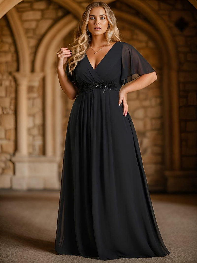 pretty IVYROSE|Plus Size Floral Applique Short Sleeve A-Line Chiffon Formal Evening Dress
