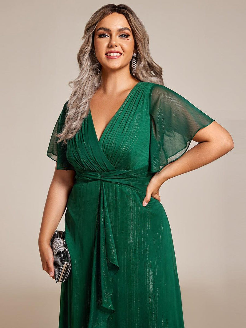 pretty OPAHL|Plus Size Silver Metallic Fabric V-Neck A-Line Wedding Guest Dress featuring Delicate Ruffled Hem