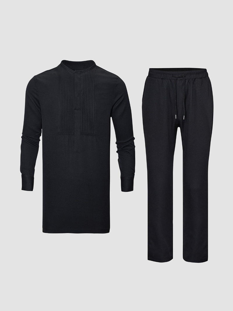Plus Size Pleated Black Long Sleeve Men's Set