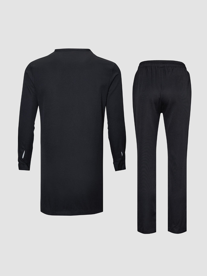 Plus Size Pleated Black Long Sleeve Men's Set