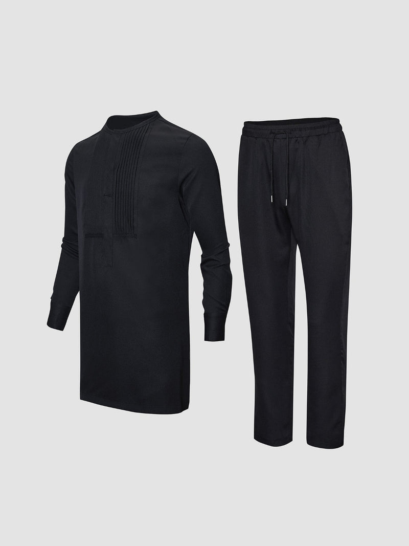 Plus Size Pleated Black Long Sleeve Men's Set