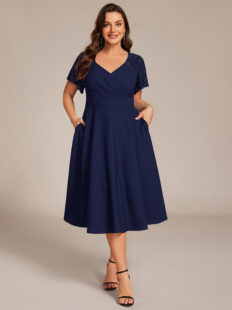 pretty EVIE|Plus Size A-Line Pleated Midi Wedding Guest Dress with Pockets