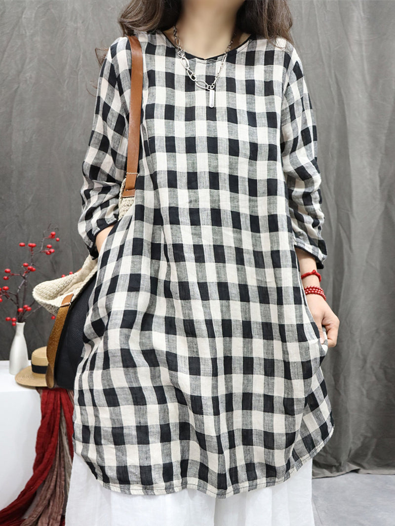 Plus Size Women Vintage Plaid O-Neck 100%Linen Long Shirt