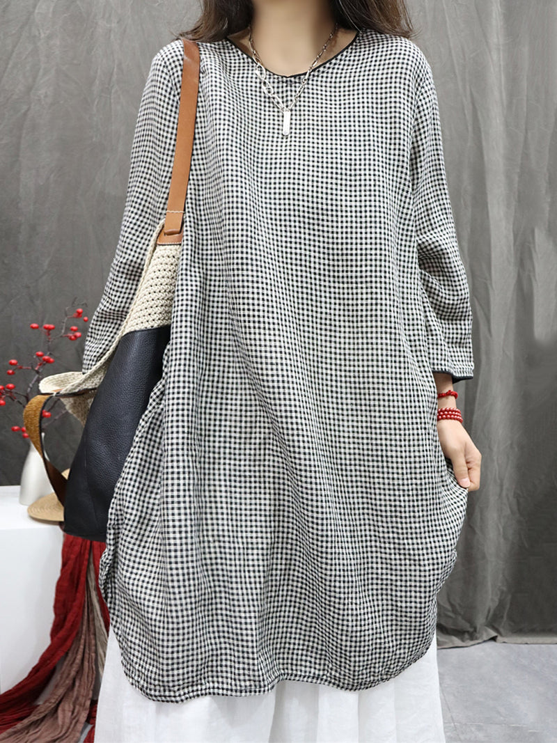 Plus Size Women Vintage Plaid O-Neck 100%Linen Long Shirt