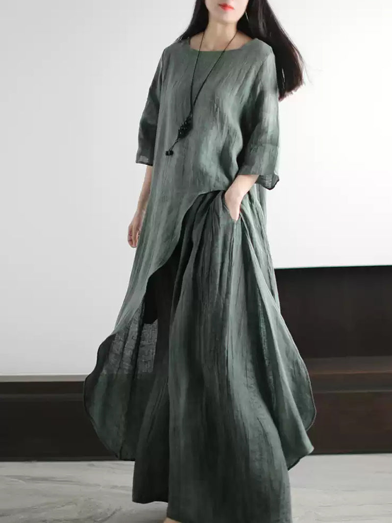 Plus Size Women Summer Vintage O-Neck Loose Linen Suits