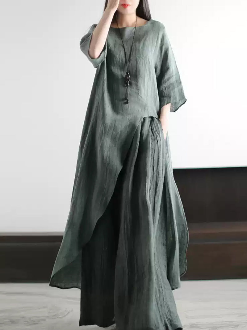 Plus Size Women Summer Vintage O-Neck Loose Linen Suits