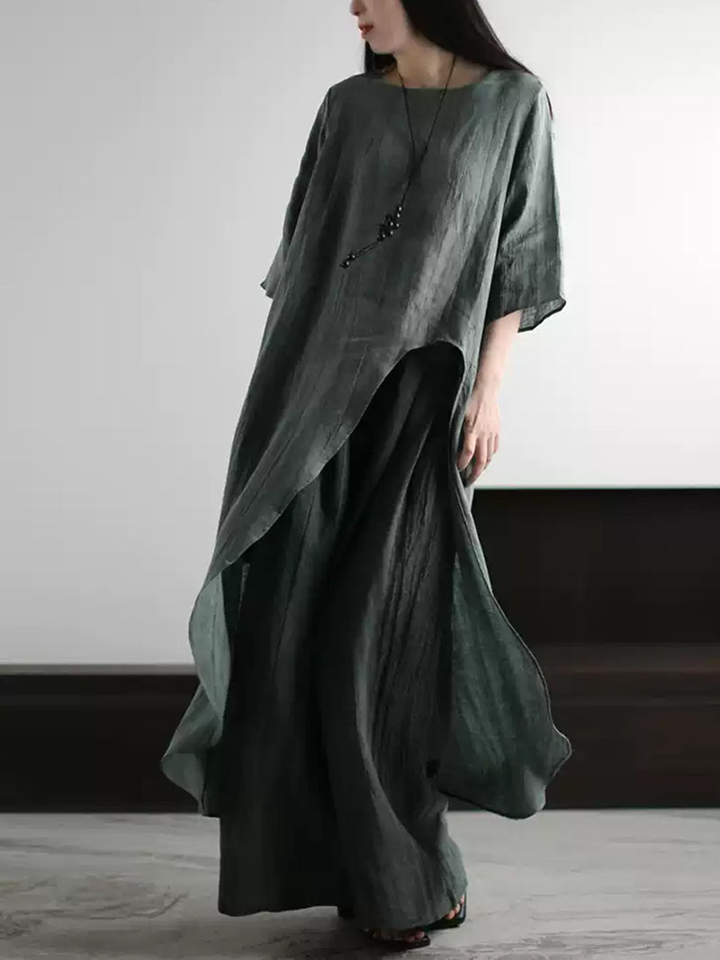 Plus Size Women Summer Vintage O-Neck Loose Linen Suits