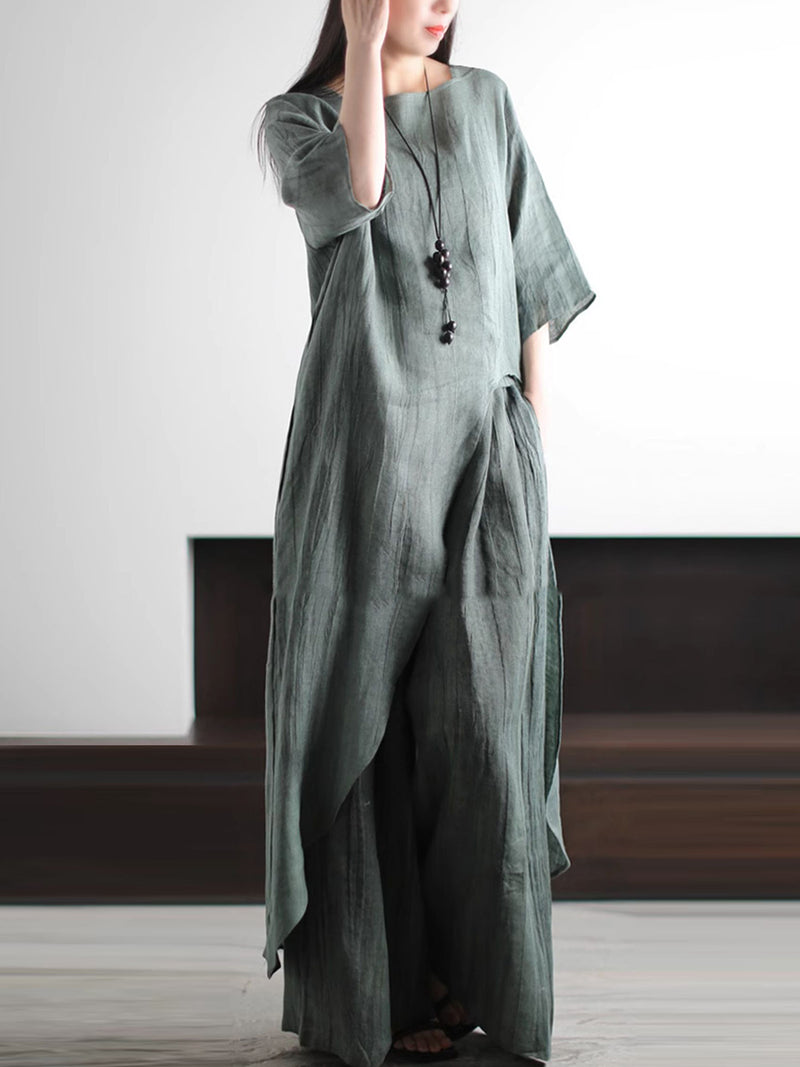 Plus Size Women Summer Vintage O-Neck Loose Linen Suits