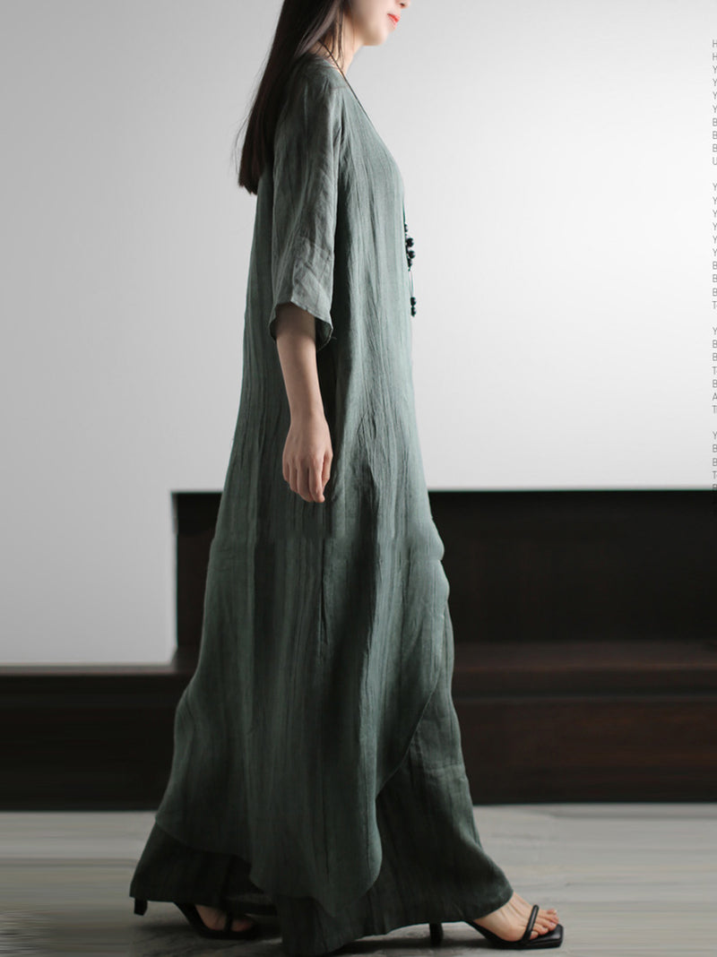 Plus Size Women Summer Vintage O-Neck Loose Linen Suits