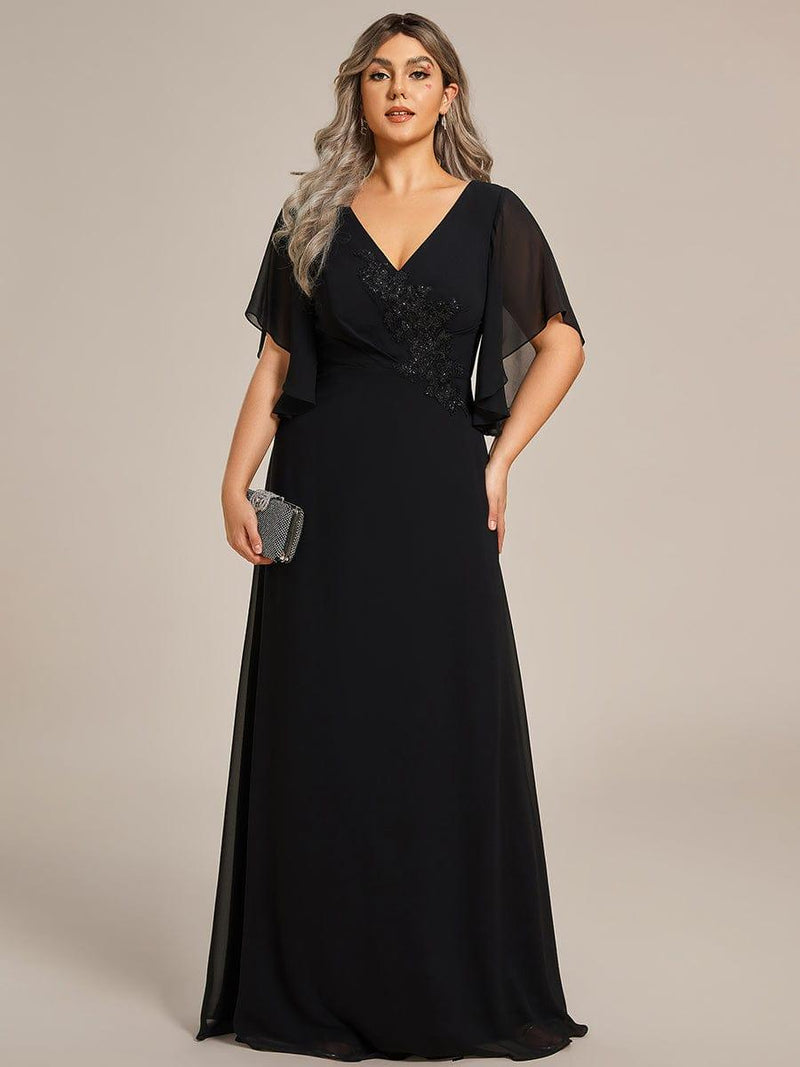 pretty LORIE|Graceful Plus Size A-line Ruffles Sleeve Chiffon Mother of the Bride Dress with Applique