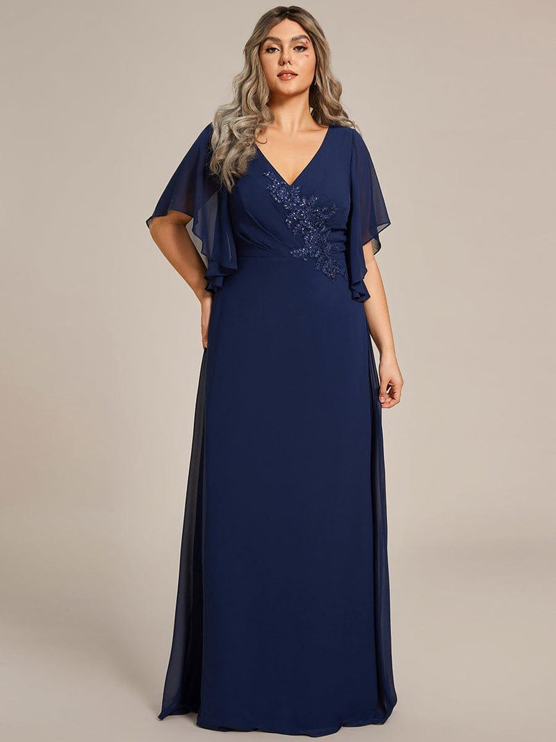 pretty LORIE|Graceful Plus Size A-line Ruffles Sleeve Chiffon Mother of the Bride Dress with Applique