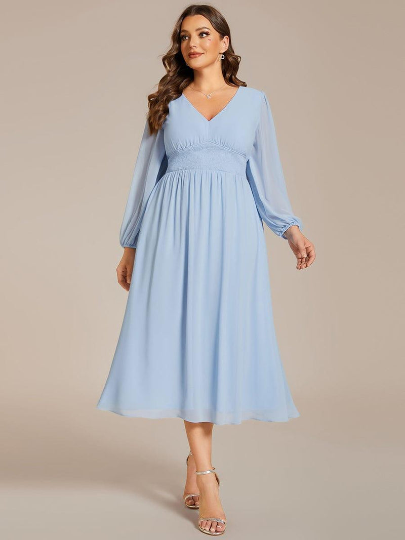 pretty AMARA|Plus Size Elegant V Neck Long Sleeves Midi Wedding Guest Dress