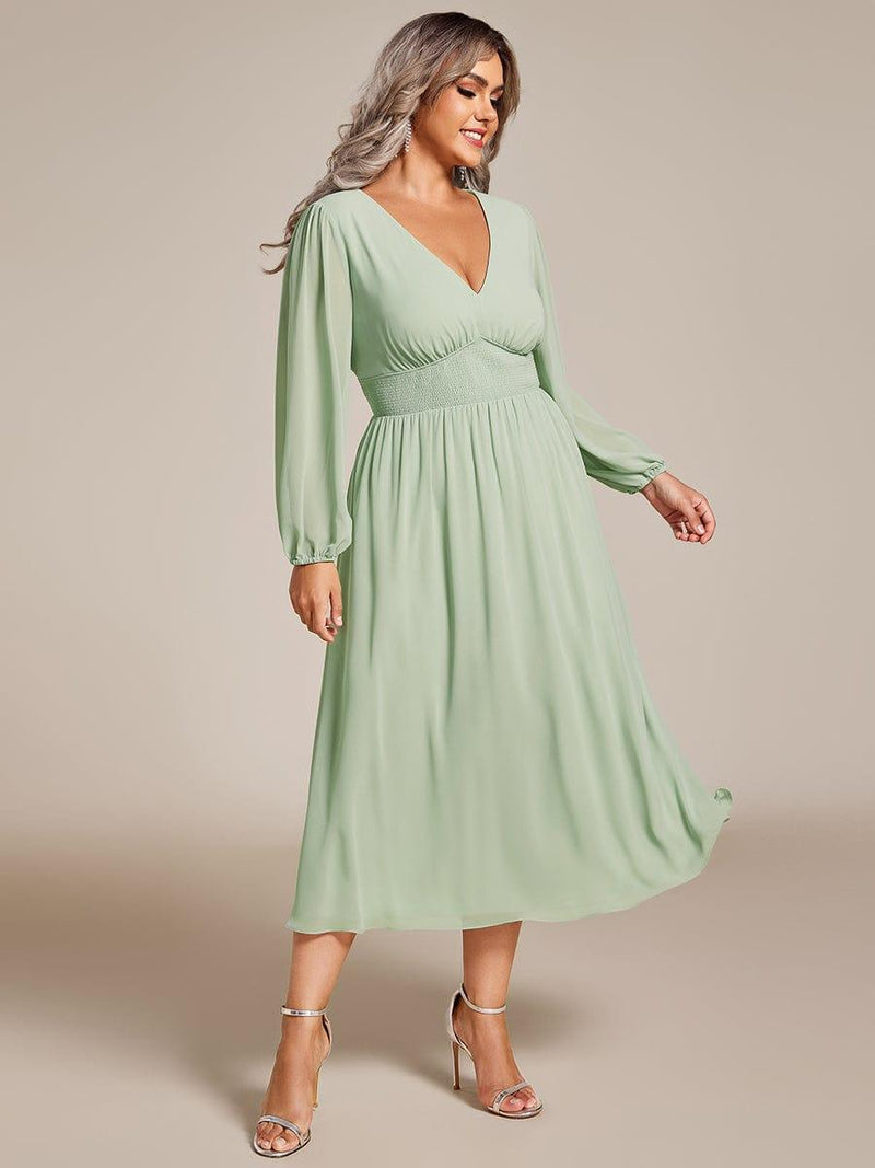 pretty AMARA|Plus Size Elegant V Neck Long Sleeves Midi Wedding Guest Dress