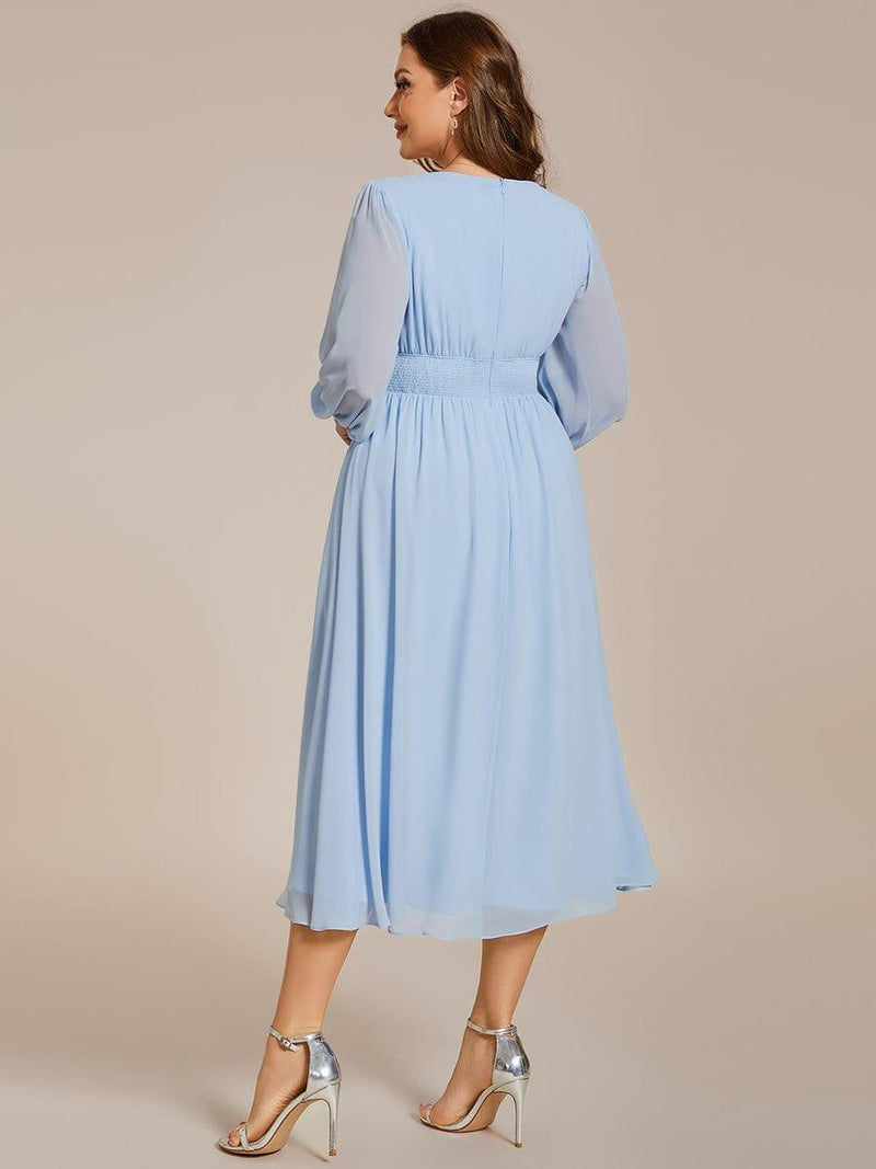 pretty AMARA|Plus Size Elegant V Neck Long Sleeves Midi Wedding Guest Dress