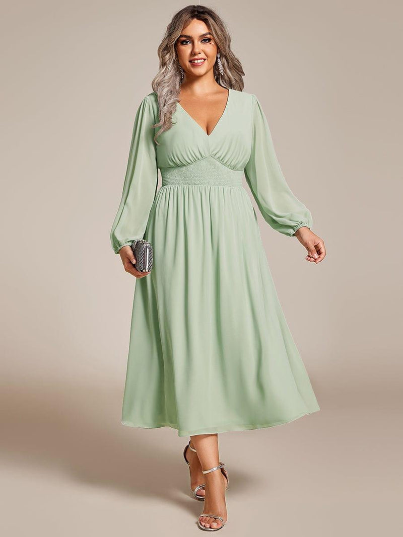 pretty AMARA|Plus Size Elegant V Neck Long Sleeves Midi Wedding Guest Dress