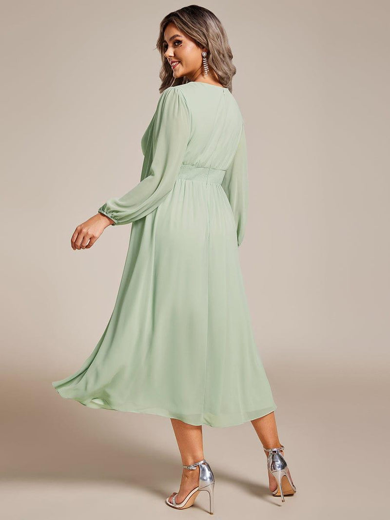 pretty AMARA|Plus Size Elegant V Neck Long Sleeves Midi Wedding Guest Dress