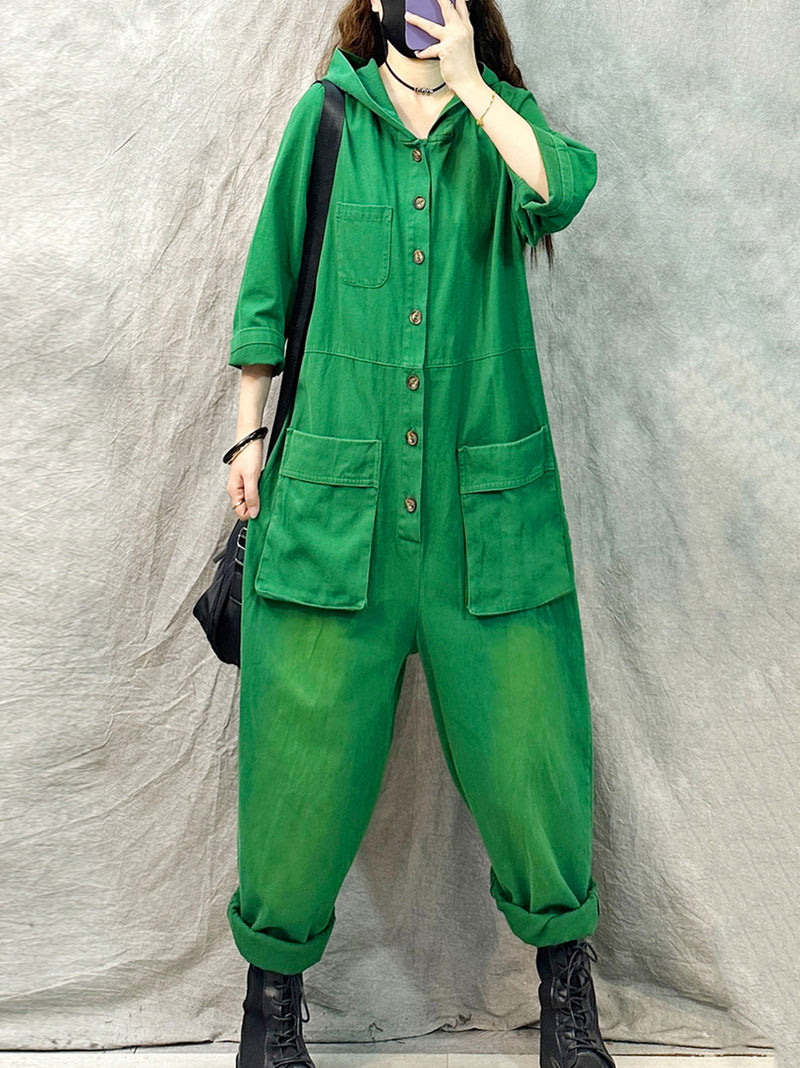 Plus Size Women Vintage Solid Denim Long Sleeve Hooded Jumpsuits
