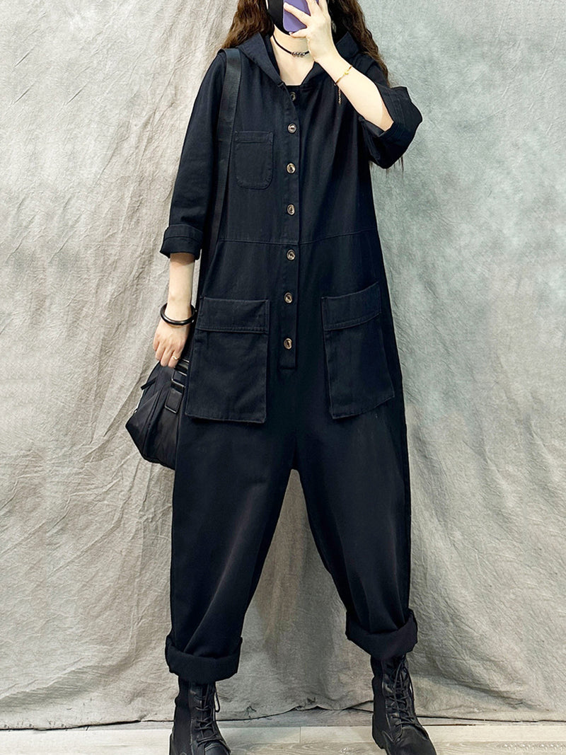 Plus Size Women Vintage Solid Denim Long Sleeve Hooded Jumpsuits