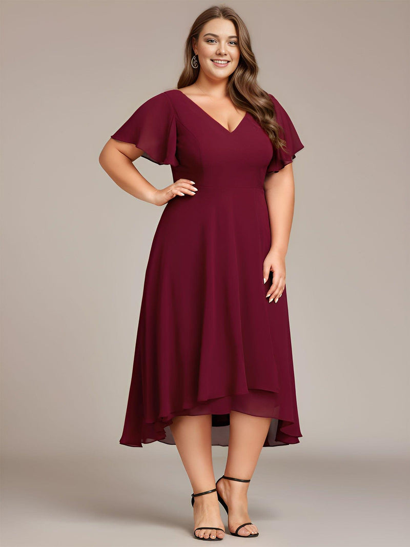 pretty AALIA|Plus Size High Low Chiffon Wedding Guest Dress with V-Neck and Ruffle Sleeves
