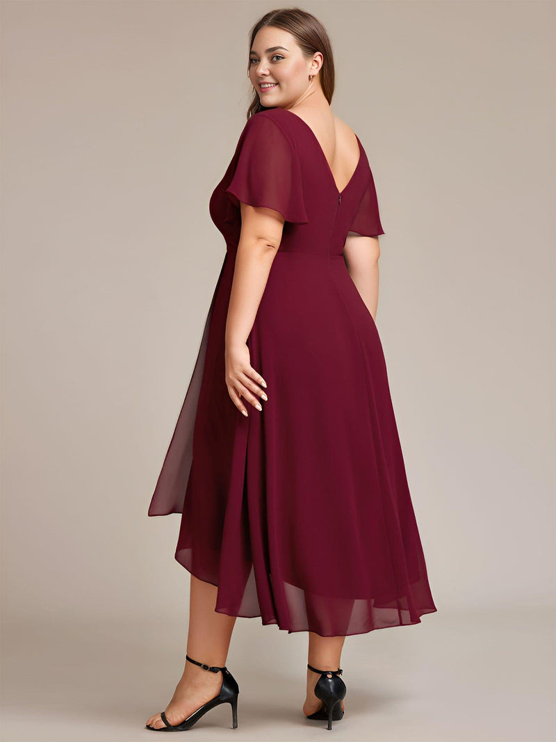 pretty AALIA|Plus Size High Low Chiffon Wedding Guest Dress with V-Neck and Ruffle Sleeves