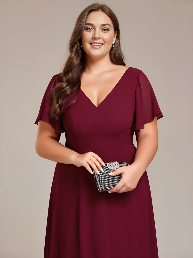 pretty AALIA|Plus Size High Low Chiffon Wedding Guest Dress with V-Neck and Ruffle Sleeves