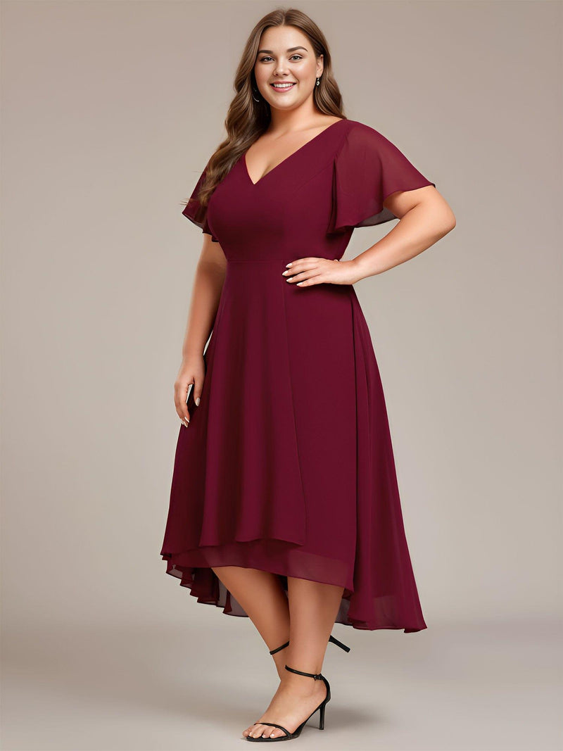 pretty AALIA|Plus Size High Low Chiffon Wedding Guest Dress with V-Neck and Ruffle Sleeves