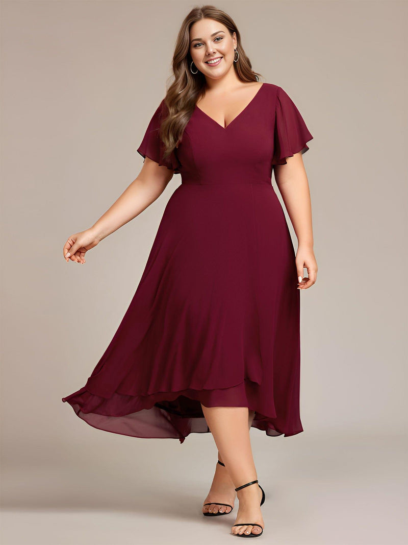 pretty AALIA|Plus Size High Low Chiffon Wedding Guest Dress with V-Neck and Ruffle Sleeves