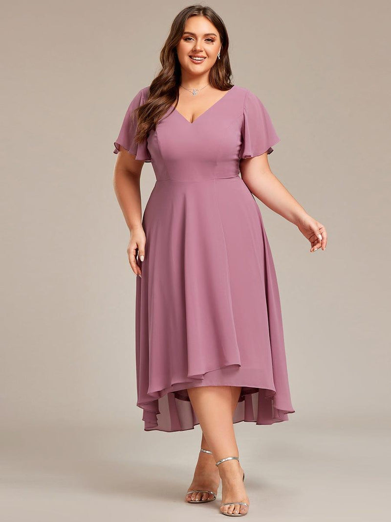 pretty AALIA|Plus Size High Low Chiffon Wedding Guest Dress with V-Neck and Ruffle Sleeves
