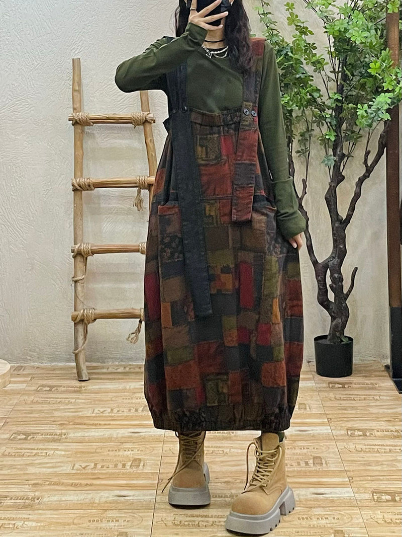Plus Size Women Autumn Retro Patch Spliced Overall Dress
