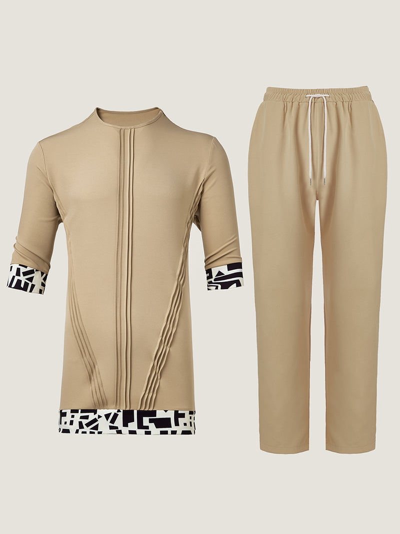 Plus Size Irregular Print Pleated Men's Set