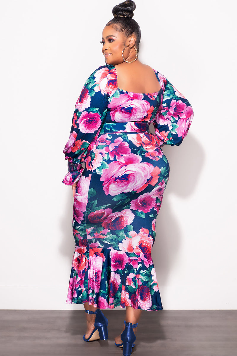 Final Sale Plus Size Midi BodyCon Dress with Ruffle Bottom in Navy Floral Print