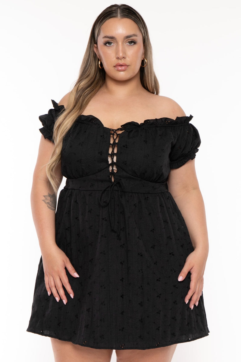 Plus Size Adella Eyelet  Lace Up  Dress- Black