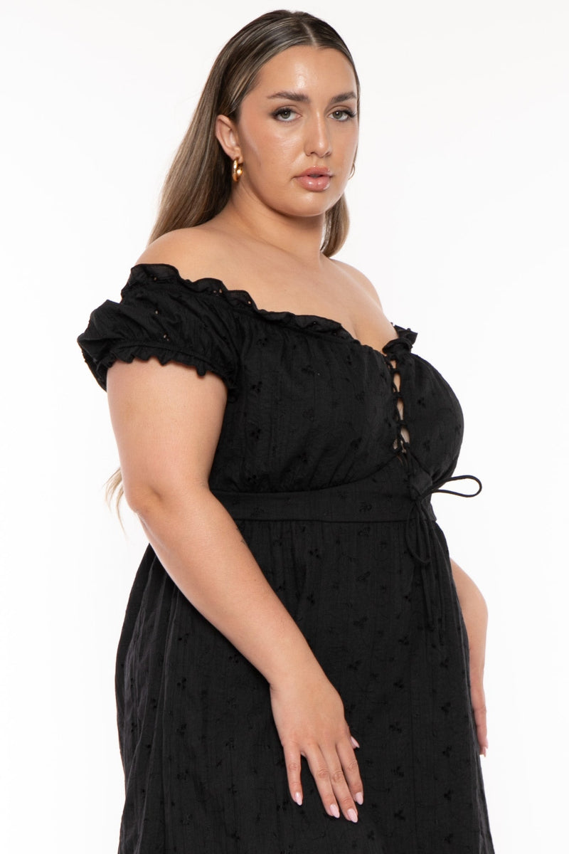 Plus Size Adella Eyelet  Lace Up  Dress- Black