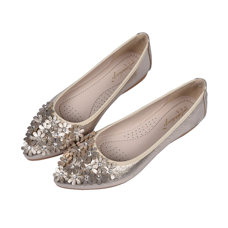 Petite to Plus Size Metallic 3D Flowers Pointed Ballet Flats (31-45)
