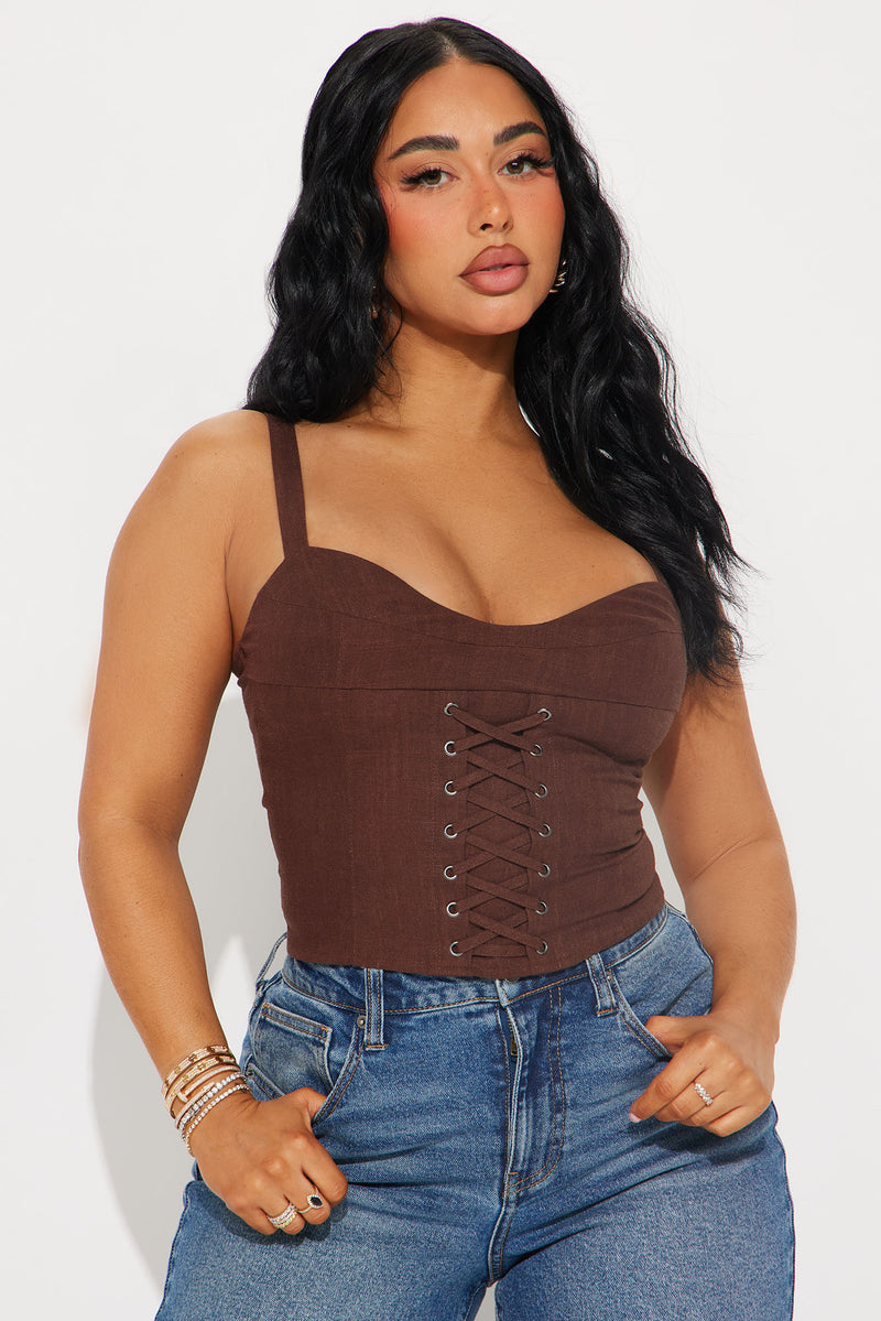 Straight To You Linen Corset Top - Chocolate