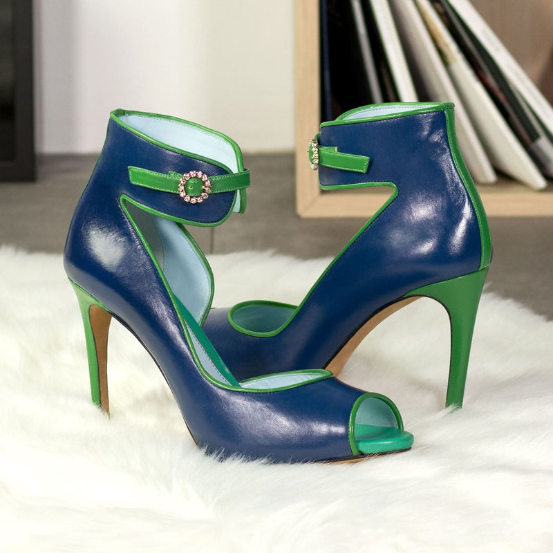 Women's Ibiza Ankle Strap Leather Heels Wide Plus Size Deep Blue Clover Green 5753
