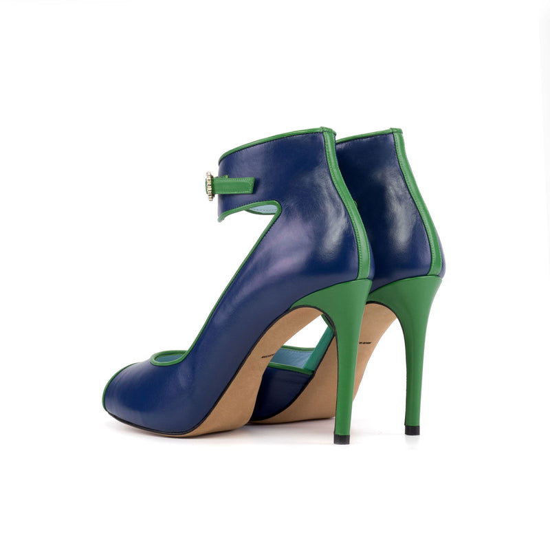 Women's Ibiza Ankle Strap Leather Heels Wide Plus Size Deep Blue Clover Green 5753