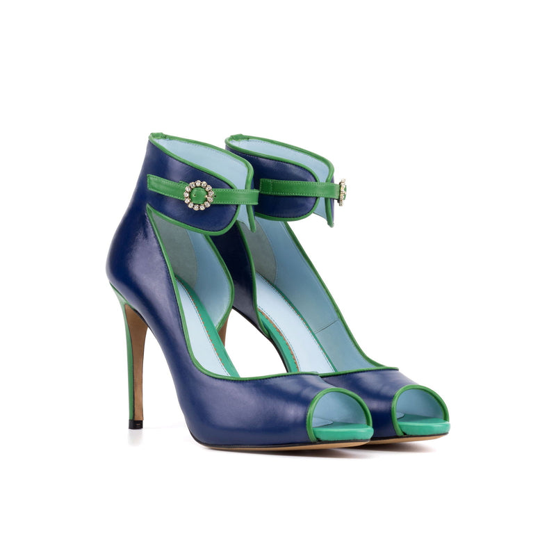 Women's Ibiza Ankle Strap Leather Heels Wide Plus Size Deep Blue Clover Green 5753