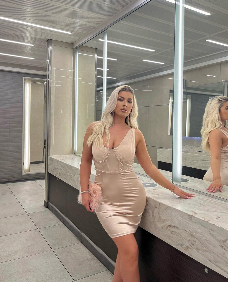 LYDIA CHAMPAGNE SATIN AND MESH BODYCON DRESS