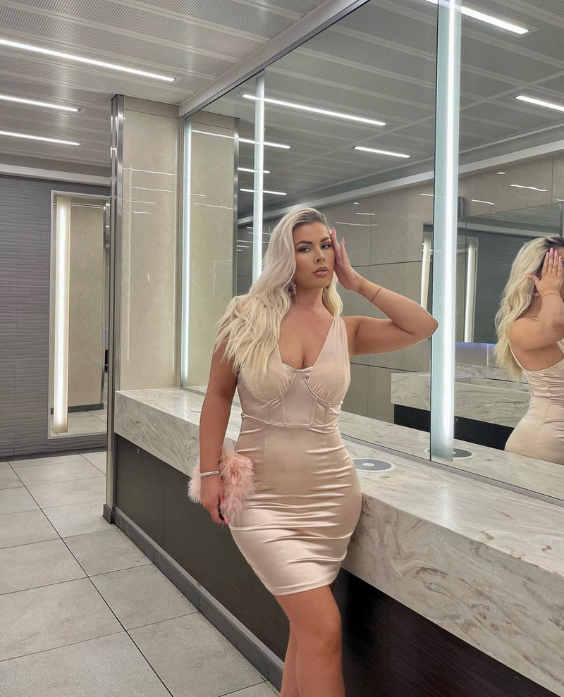 LYDIA CHAMPAGNE SATIN AND MESH BODYCON DRESS