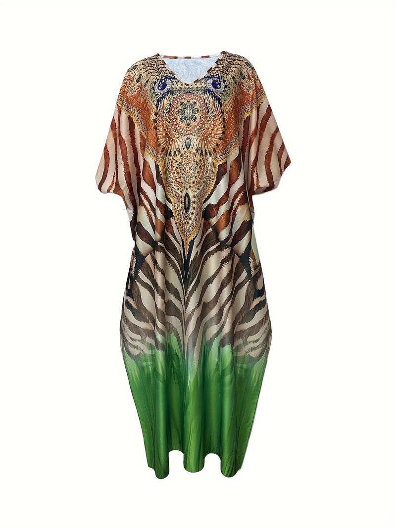 Plus Size Allover Print Kaftan Dress, Casual V Neck Batwing Sleeve Maxi Dress For Spring & Summer, Women's Plus SizeClothing