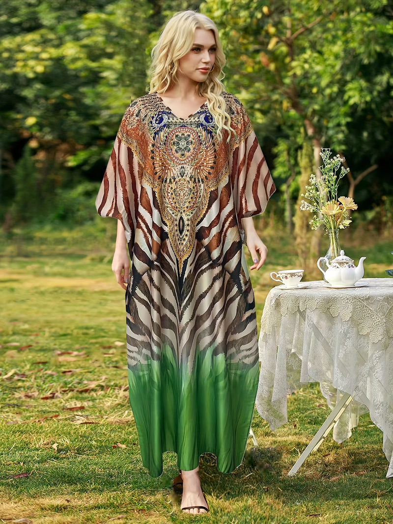 Plus Size Allover Print Kaftan Dress, Casual V Neck Batwing Sleeve Maxi Dress For Spring & Summer, Women's Plus SizeClothing