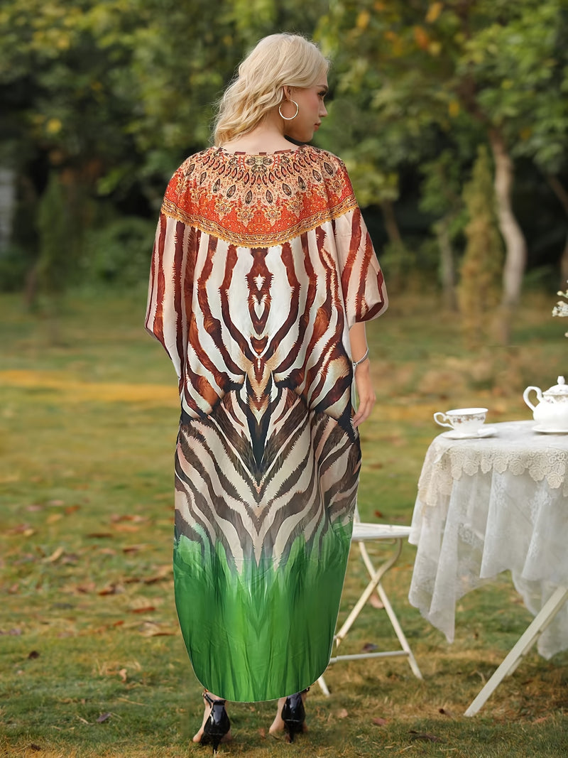 Plus Size Allover Print Kaftan Dress, Casual V Neck Batwing Sleeve Maxi Dress For Spring & Summer, Women's Plus SizeClothing