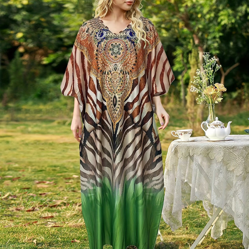 Plus Size Allover Print Kaftan Dress, Casual V Neck Batwing Sleeve Maxi Dress For Spring & Summer, Women's Plus SizeClothing