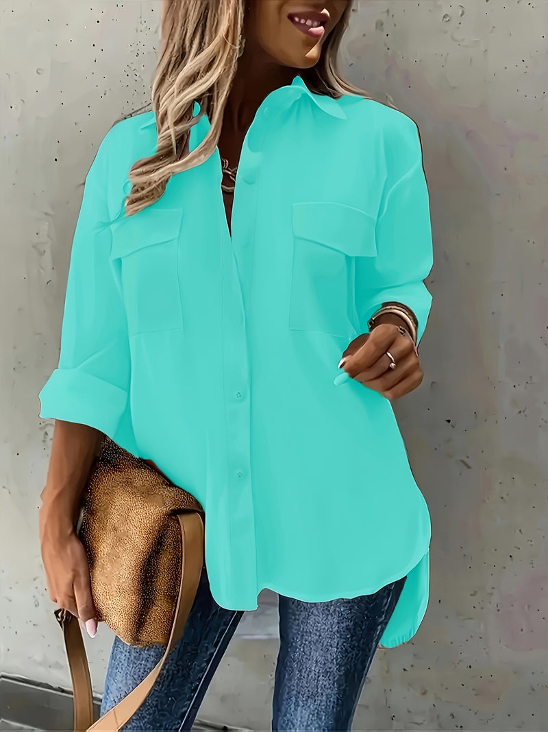Plus Size Solid Color Flap Pockets Shirt, Casual Button Front Shirt For Spring, Women's Plus Size Clothing