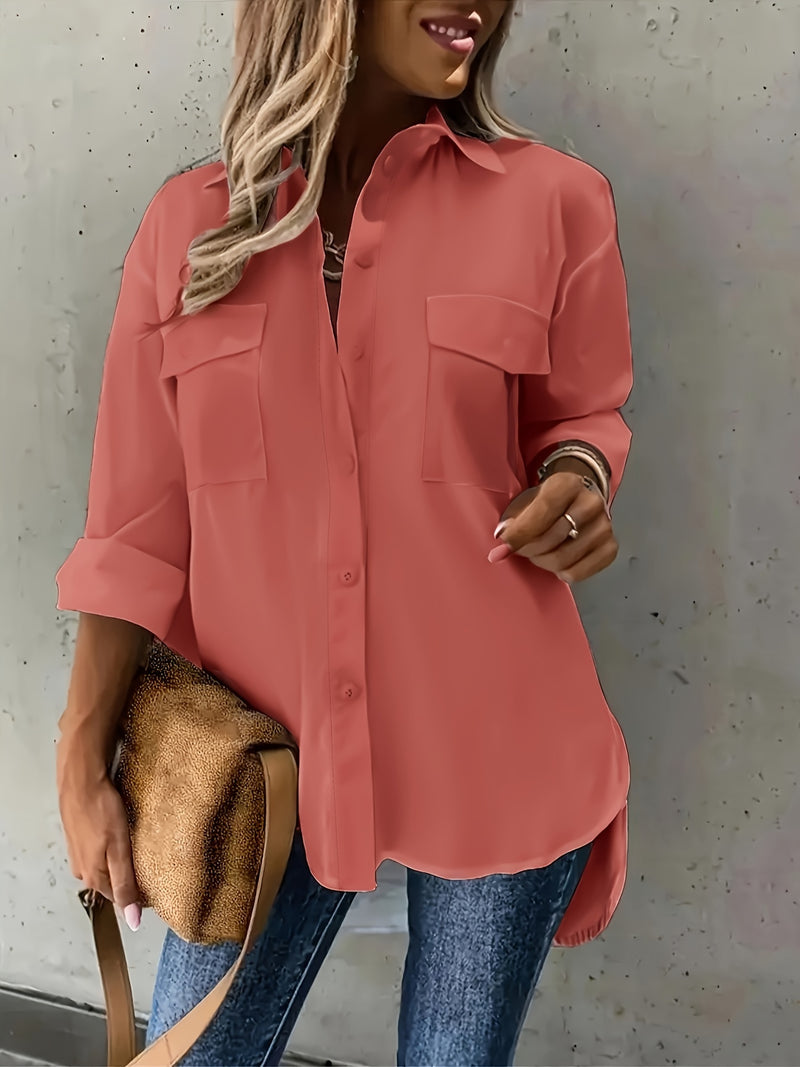 Plus Size Solid Color Flap Pockets Shirt, Casual Button Front Shirt For Spring, Women's Plus Size Clothing