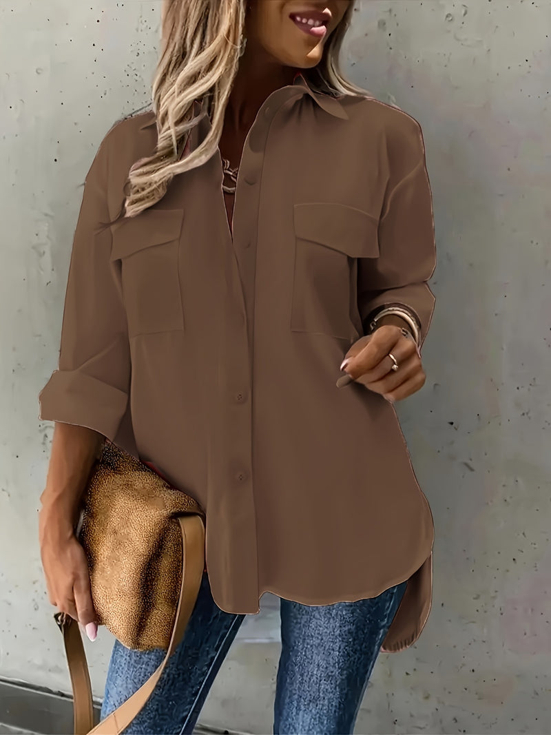 Plus Size Solid Color Flap Pockets Shirt, Casual Button Front Shirt For Spring, Women's Plus Size Clothing