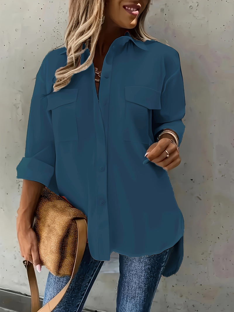Plus Size Solid Color Flap Pockets Shirt, Casual Button Front Shirt For Spring, Women's Plus Size Clothing