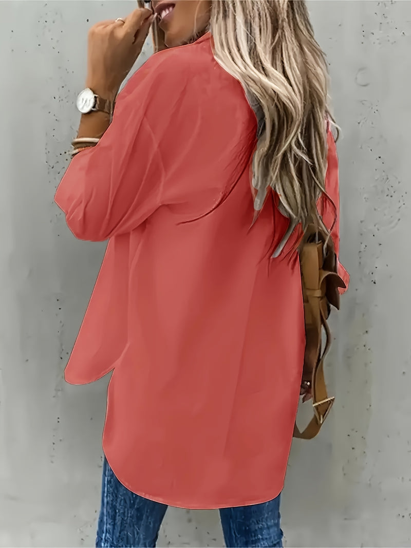 Plus Size Solid Color Flap Pockets Shirt, Casual Button Front Shirt For Spring, Women's Plus Size Clothing