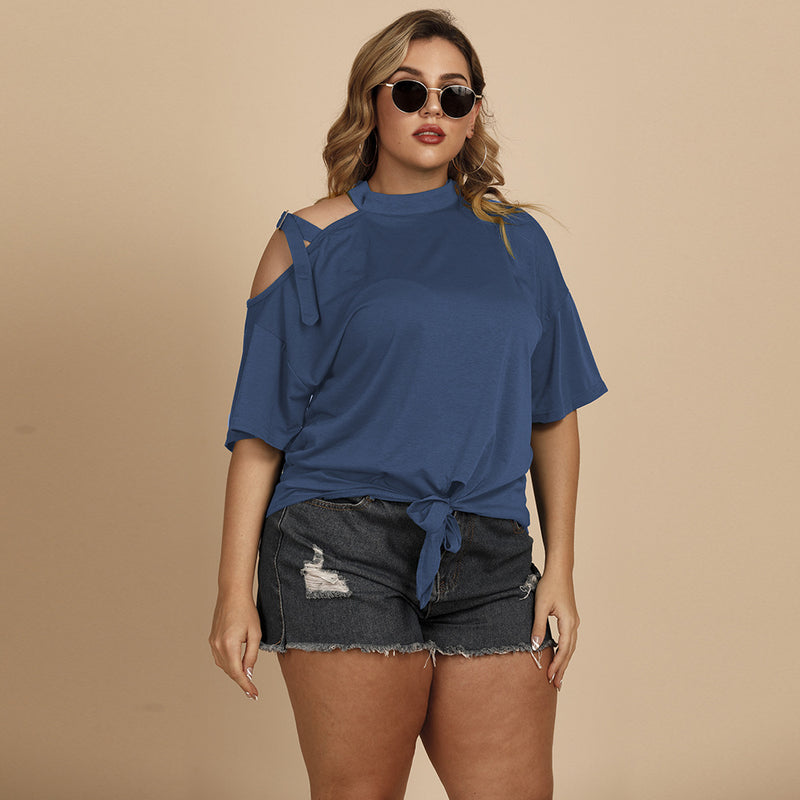 Plus Size Women Clothing Summer Shoulder Strap Decorative Solid Color Top Bow Long Sleeve Oblique Shoulder T-shirt